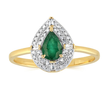 Natural Pear Emerald and Diamond Halo Ring in 9ct Yellow Gold