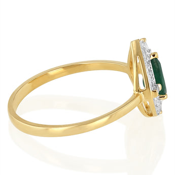 Natural Pear Emerald and Diamond Halo Ring in 9ct Yellow Gold