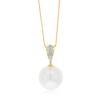 12-14mm White South Seal Pearl Pendant with 3 Diamonds in 9ct Yellow Gold on 45cm Chain