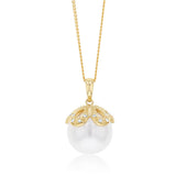 12-14mm White South Seal Pearl Pendant with 20 Diamonds in 9ct Yellow Gold on 45cm Chain