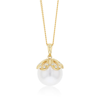 12-14mm White South Seal Pearl Pendant with 20 Diamonds in 9ct Yellow Gold on 45cm Chain