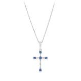 Natural Blue Sapphire and Diamonds Cross Pendant in 9ct White Gold