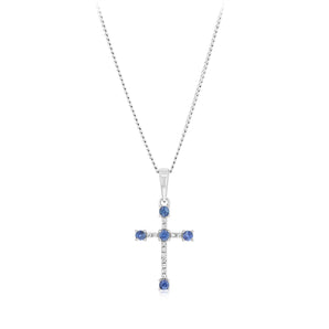 Natural Blue Sapphire and Diamonds Cross Pendant in 9ct White Gold