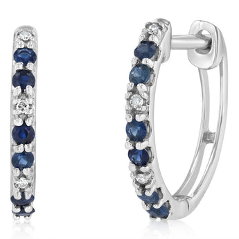 Natural Blue Sapphire and Diamonds Hoop Earrings in 9ct White Gold