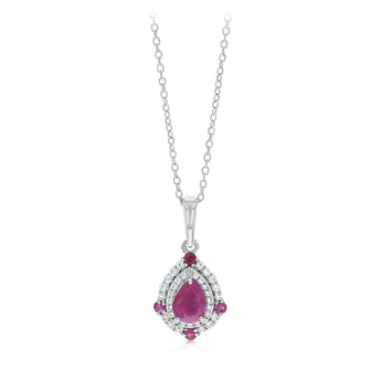 Natural Ruby and White Cubic Zirconia Pendant on Adjustable 50cm Chain in Sterling Silver