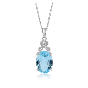 Natural Sky Blue Topaz & Small Diamonds Pendant in Sterling Silver