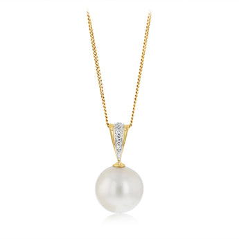 12-14mm White South Seal Pearl Pendant with 3 Diamonds in 9ct Yellow Gold