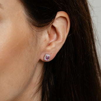 Created Pink Sapphire and Diamond Stud Earrings in Sterling Silver