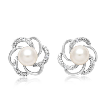 White 6-7mm Freshwater Pearl and Diamond Earrings in Sterling Silver