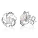 White 6-7mm Freshwater Pearl and Diamond Earrings in Sterling Silver