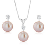 8-9mm Pink Freshwater Pearl and Created White Sapphire Pendant and Earrings Matching Set in Sterling Silver
