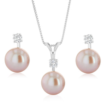 8-9mm Pink Freshwater Pearl and Created White Sapphire Pendant and Earrings Matching Set in Sterling Silver