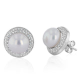 8-9mm White Freshwater Pearl and Created Sapphire Earrings in Sterling Silver
