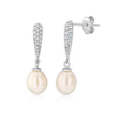 6-7mm White Freshwater Pearl and Created Sapphire Earrings in Sterling Silver
