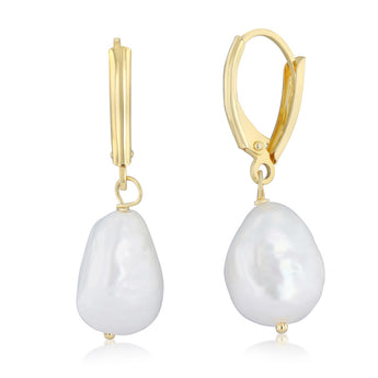 9.5-10.5mm White Baroque Freshwater Pearl Earrings in Gold Plated Sterling Silver