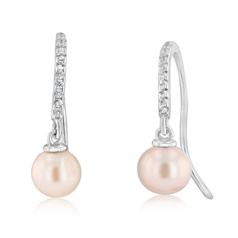 6.5-7mm Pink Freshwater Pearl and Created Sapphire Earrings in Sterling Silver