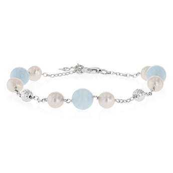 6-7mm White Freshwater Pearls and Aquamarine Bracelet in Sterling Silver