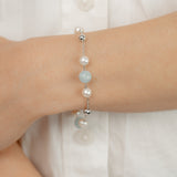 6-7mm White Freshwater Pearls and Aquamarine Bracelet in Sterling Silver