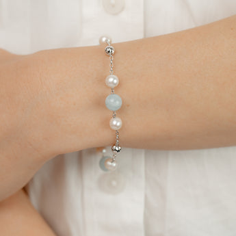 6-7mm White Freshwater Pearls and Aquamarine Bracelet in Sterling Silver