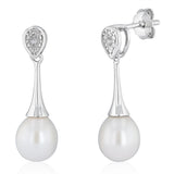 7-8mm White Freshwater Pearl and Diamond Earrings in Sterling Silver