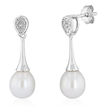 7-8mm White Freshwater Pearl and Diamond Earrings in Sterling Silver