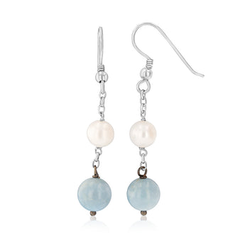 6-7mm White Freshwater Pearls and Aquamarine Earrings in Sterling Silver