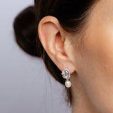 6-7mm White Freshwater Pearl and Created Sapphire Earrings in Sterling Silver
