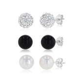 Freshwater Pearl, Onyx & Crystal Earrings Set in Sterling Silver
