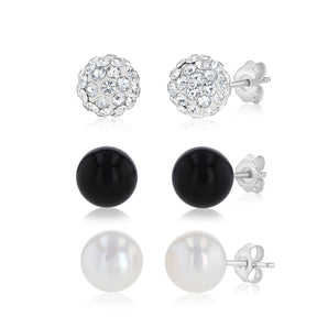 Freshwater Pearl, Onyx & Crystal Earrings Set in Sterling Silver