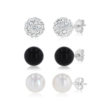 Freshwater Pearl, Onyx & Crystal Earrings Set in Sterling Silver