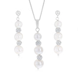 6-8.5mm White Freshwater Pearl and Crystal Pendant and Earrings Matching Set in Sterling Silver