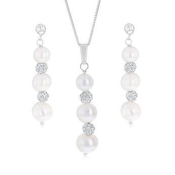 6-8.5mm White Freshwater Pearl and Crystal Pendant and Earrings Matching Set in Sterling Silver