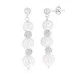 6-8.5mm White Freshwater Pearl and Crystal Pendant and Earrings Matching Set in Sterling Silver