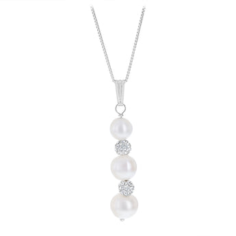 6-8.5mm White Freshwater Pearl and Crystal Pendant and Earrings Matching Set in Sterling Silver