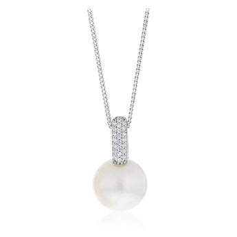 11-12mm White South Sea Pearl Pendant with Pave Zirconia Bale in Sterling Silver