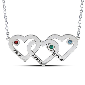 Personalised Engravable Triple Heart with Birthstones Necklace on 40cm Chain in Sterling Silver