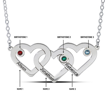 Personalised Engravable Triple Heart with Birthstones Necklace on 40cm Chain in Sterling Silver