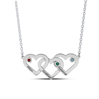 Personalised Engravable Triple Heart with Birthstones Necklace on 40cm Chain in Sterling Silver