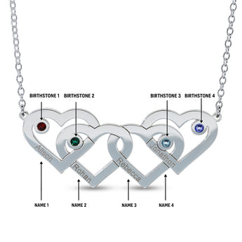 Personalised Engravabled Quadruple Heart with Birthstones Necklace on 40cm Chain in Sterling Silver