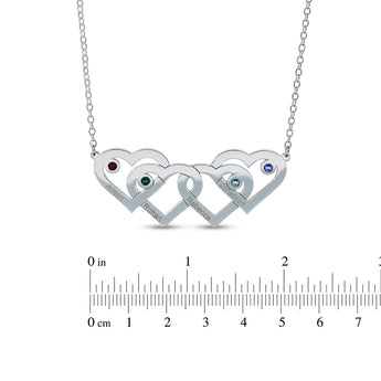 Personalised Engravabled Quadruple Heart with Birthstones Necklace on 40cm Chain in Sterling Silver