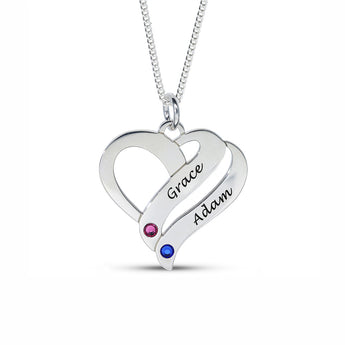 Personalised Engravable Heart with Birthstones Necklace on 454cm Chain in Sterling Silver