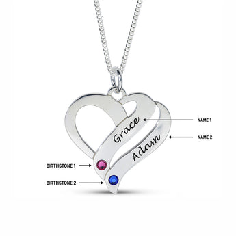 Personalised Engravable Heart with Birthstones Necklace on 454cm Chain in Sterling Silver