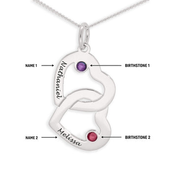 Personalised Engravable Interlinked Heart with Birthstones Necklace on 45cm Chain in Sterling Silver