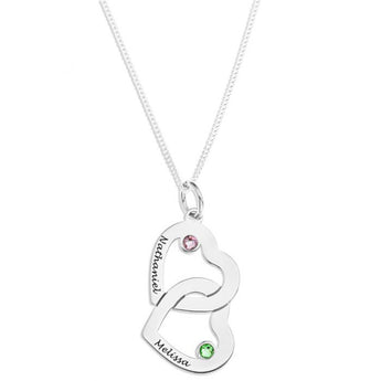 Personalised Engravable Interlinked Heart with Birthstones Necklace on 45cm Chain in Sterling Silver