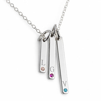 Personalised Engravable Vertical Bar with Birthstones on 45cm Chain in Sterling Silver
