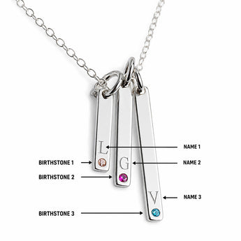 Personalised Engravable Vertical Bar with Birthstones on 45cm Chain in Sterling Silver