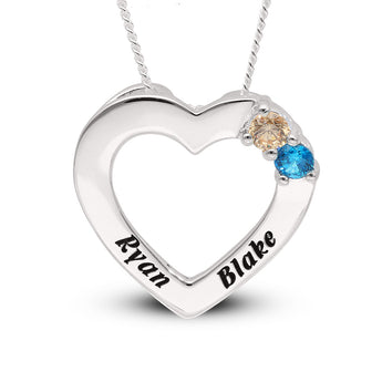 Personalised Engravable Heart with Birthstones on 45cm Chain in Sterling Silver