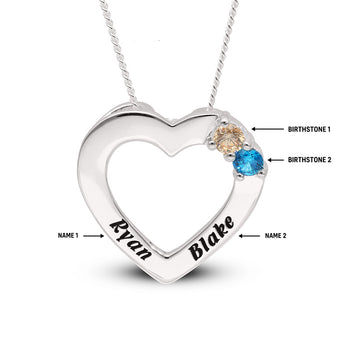 Personalised Engravable Heart with Birthstones on 45cm Chain in Sterling Silver