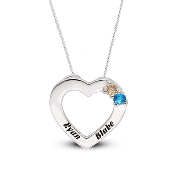 Personalised Engravable Heart with Birthstones on 45cm Chain in Sterling Silver
