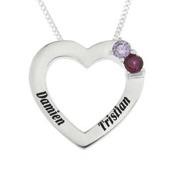 Personalised Engravable Heart with Birthstones on 45cm Chain in Sterling Silver
